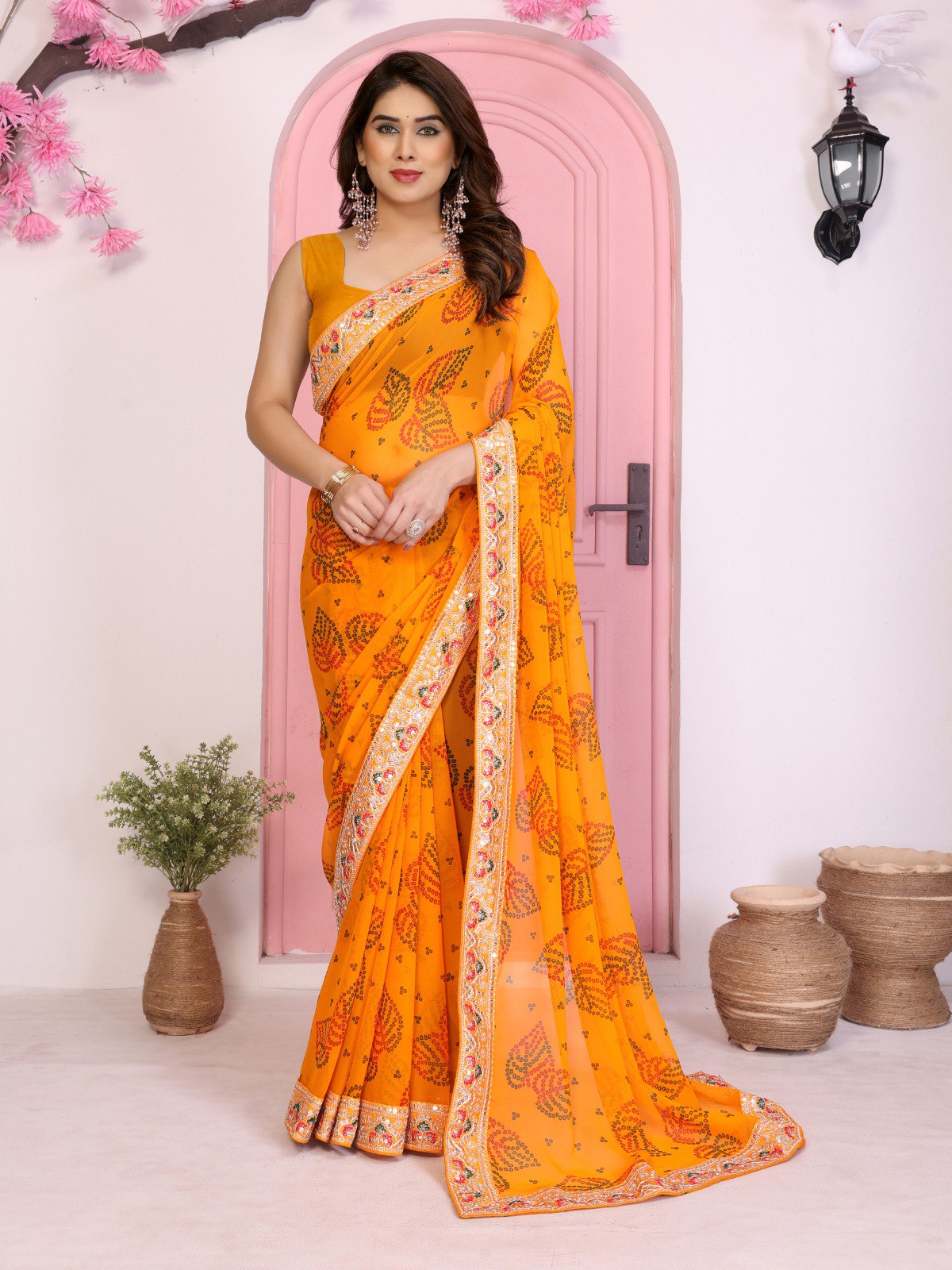 Yellow Rajwadi Bandhej Printed Georgette Saree