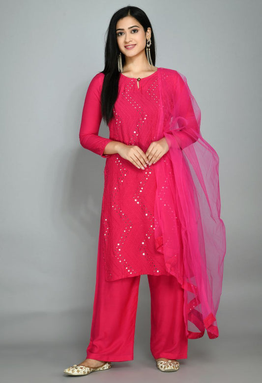 Pink Rayon Kurta Pant With Dupatta