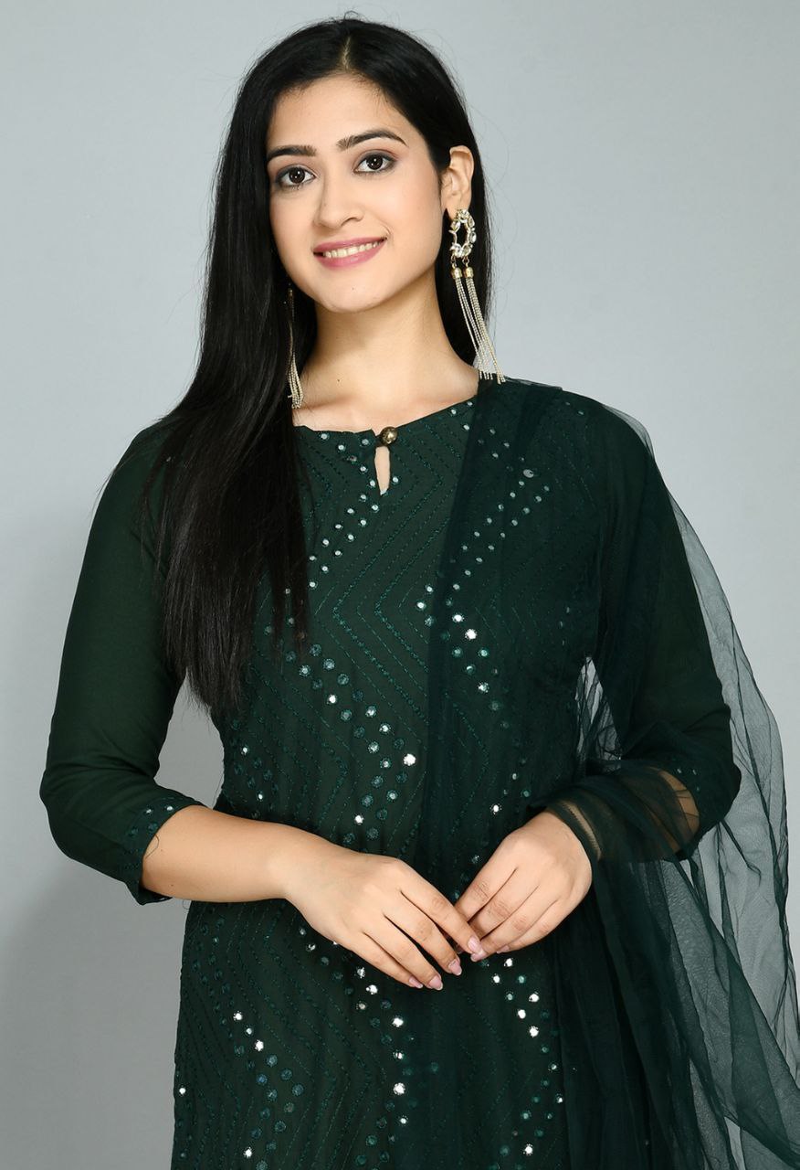 Dark Green Rayon Kurta Pant With Dupatta