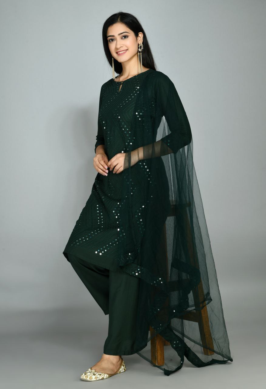 Dark Green Rayon Kurta Pant With Dupatta