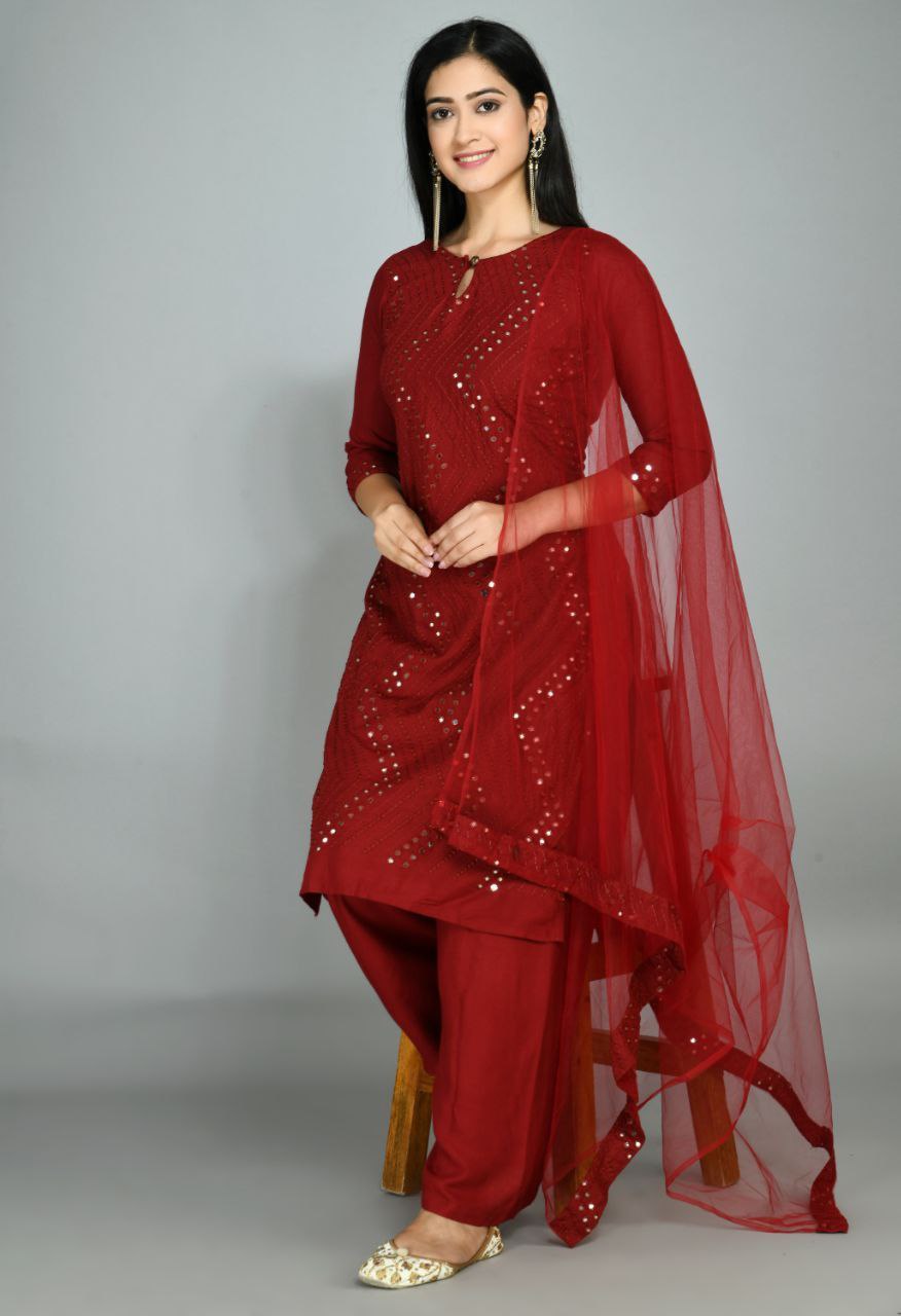 Maroon Rayon Kurta Pant With Dupatta