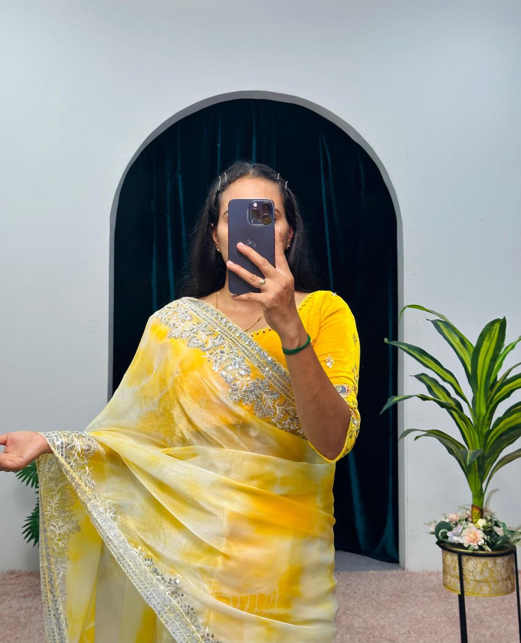 Yellow Shibori Printed Burberry Silk Saree
