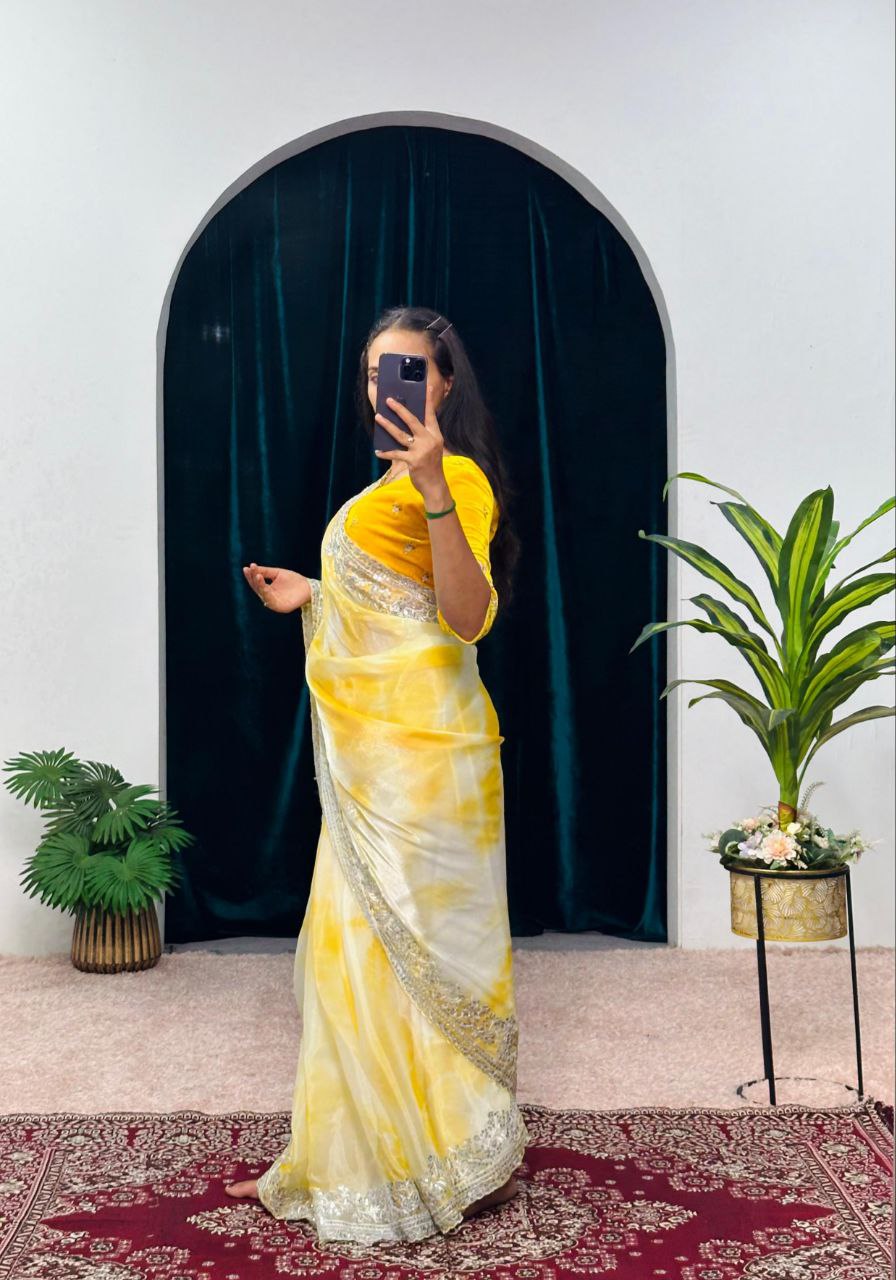 Yellow Shibori Printed Burberry Silk Saree
