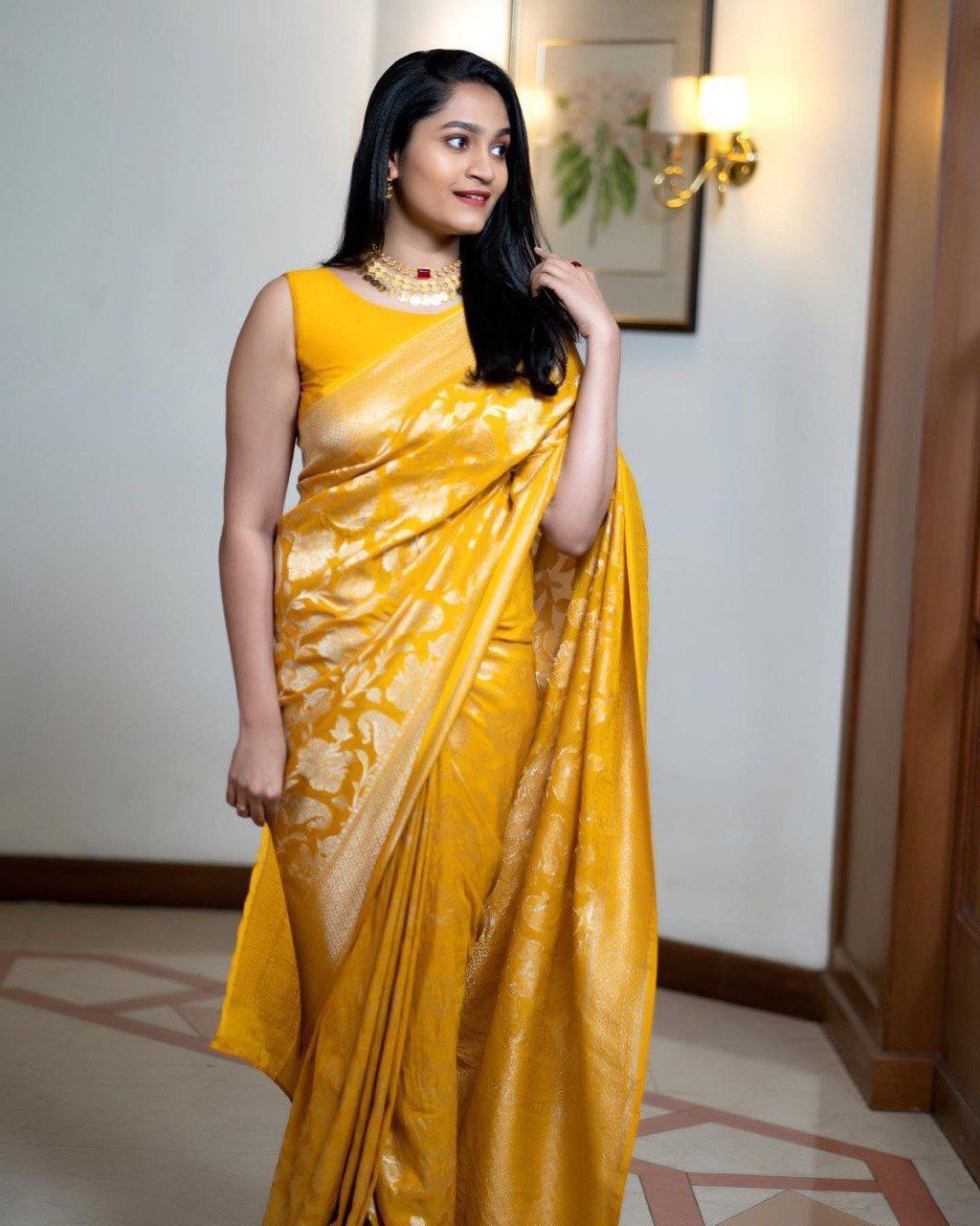 Yellow Soft Lichi Silk Saree