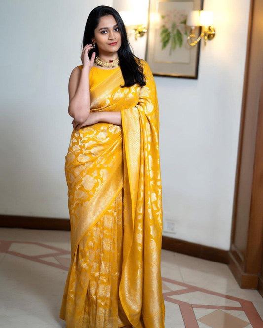 Yellow Soft Lichi Silk Saree