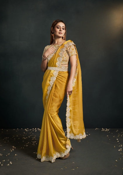 Yellow Stylish Pre-Stitched Saree With Belt | Original Saree