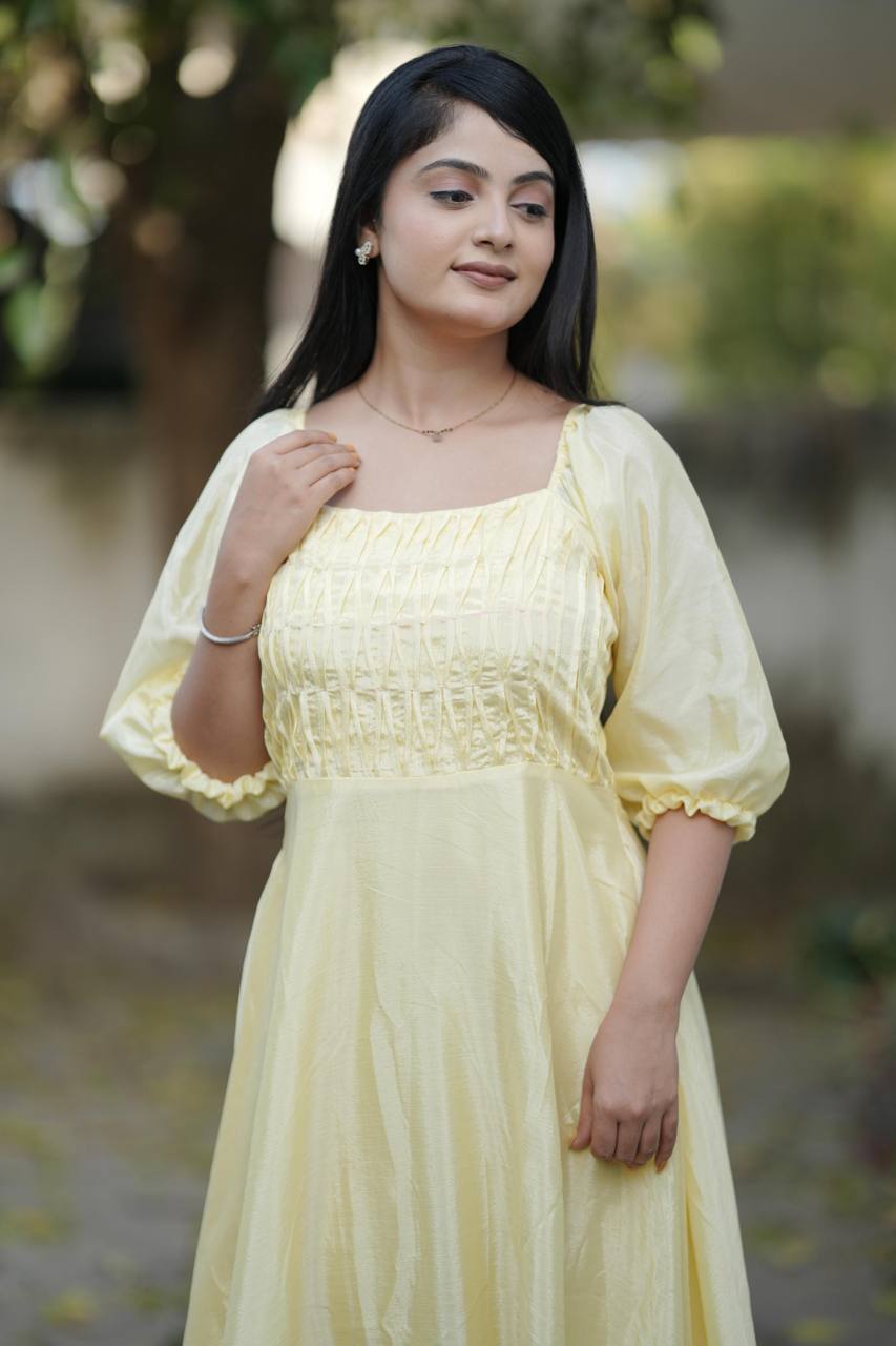 Yellow Summer Wear Chinon Flary Kurti