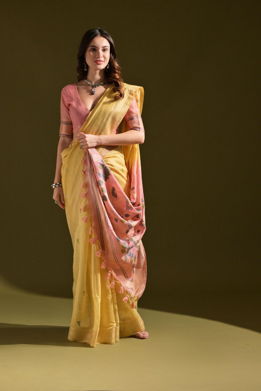 Yellow Traditional Muga Cotton Saree