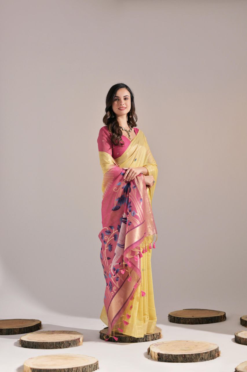 Yellow Traditional Muga Cotton Saree