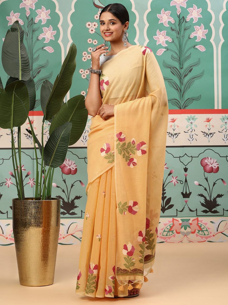 Yellow Traditional Mul Cotton Saree