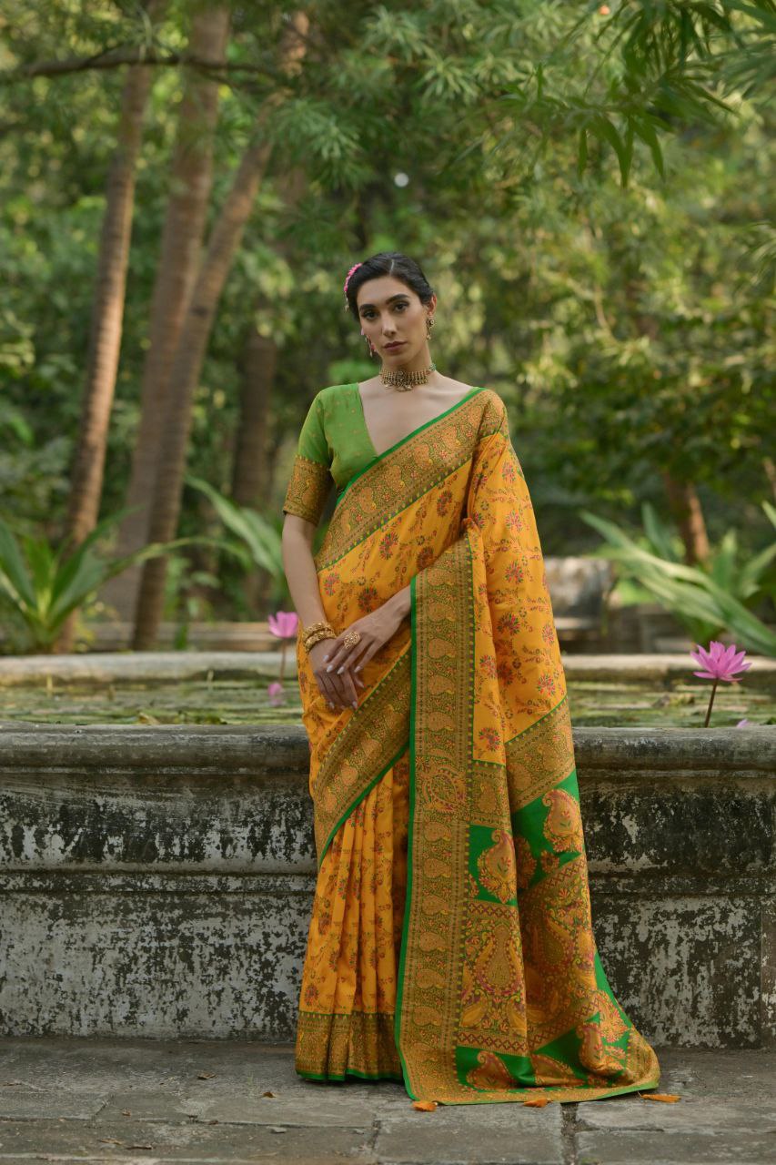 Yellow Wedding Wear Pashmina Silk Saree