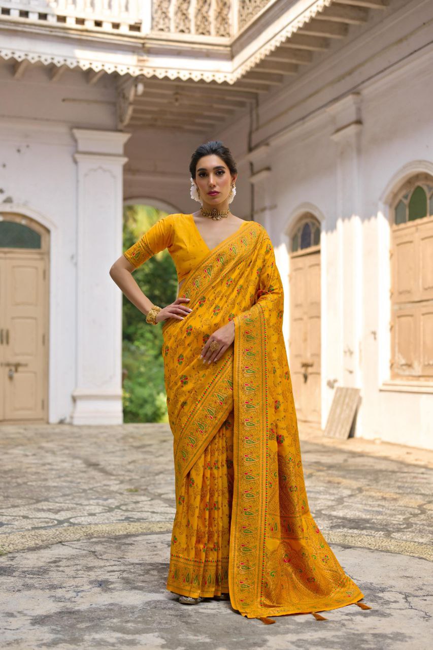 Yellow Wedding Wear Pashmina Silk Saree