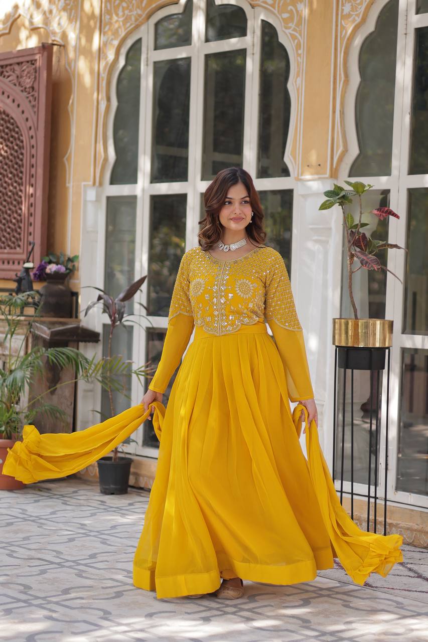 Yellow Designer Georgette Gown With Dupatta