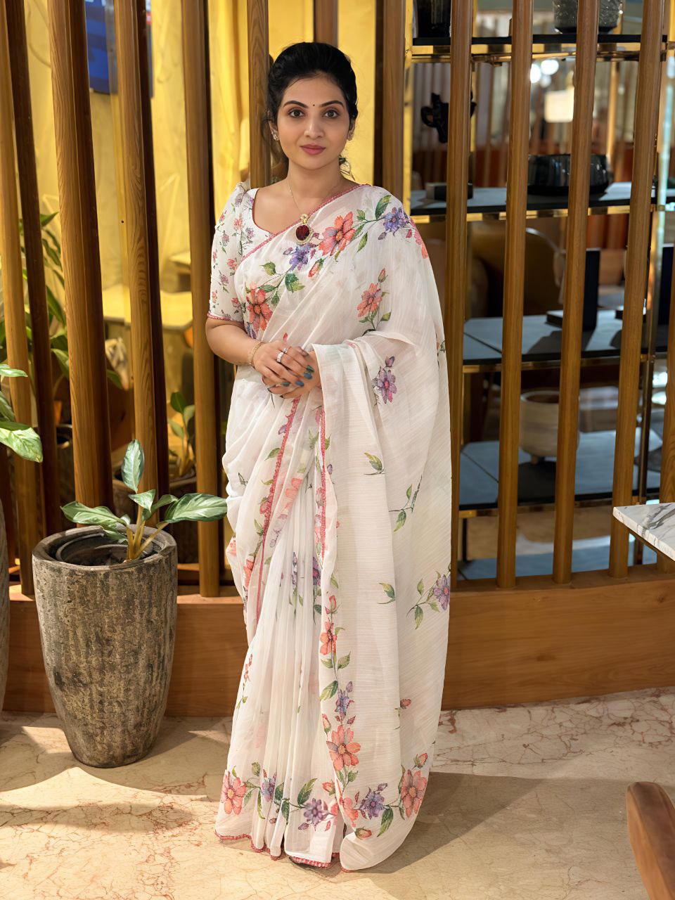Floral Digital Printed Linen Saree