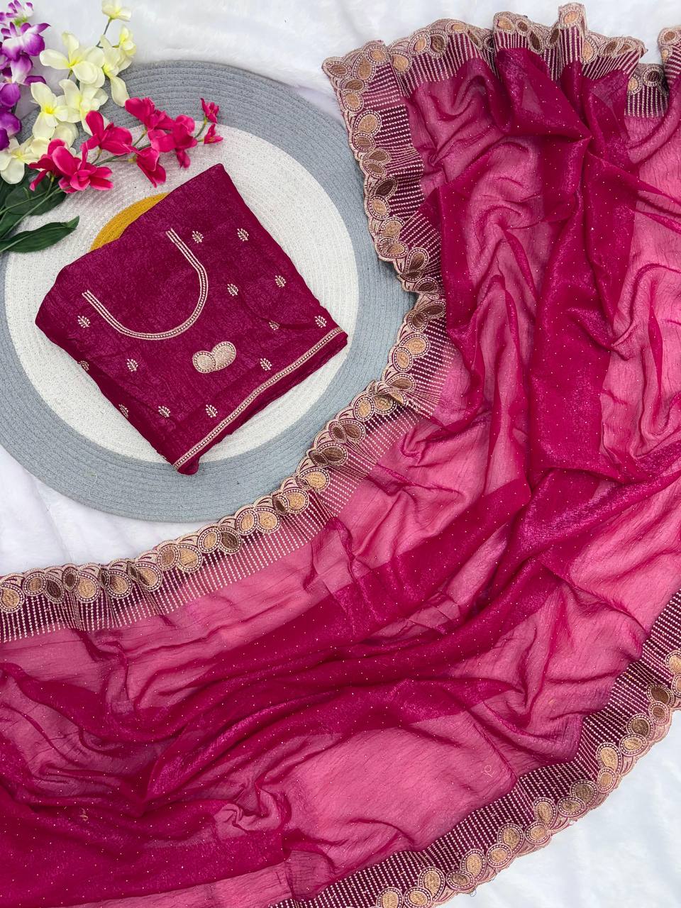 Designer Crunchy Silk Saree WIth Multi Color Option