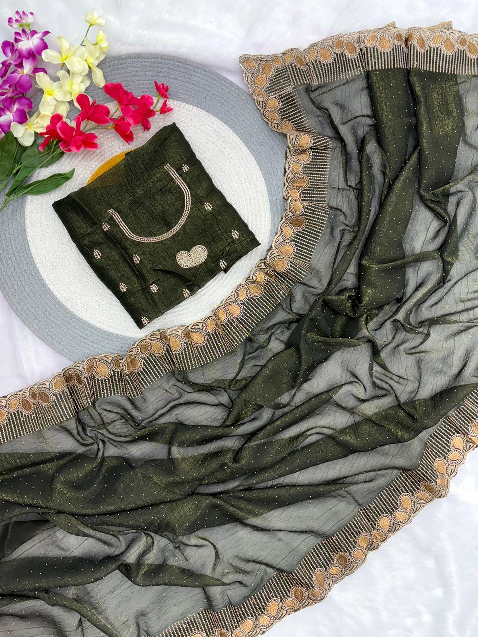 Designer Crunchy Silk Saree WIth Multi Color Option