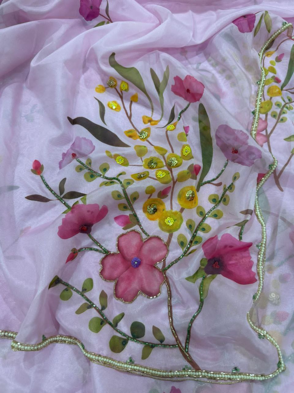 Pink Floral Tabby Silk Saree