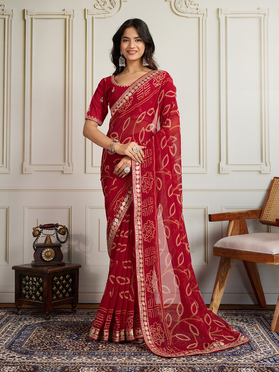Red Rajwadi Bandhej Printed Georgette Saree