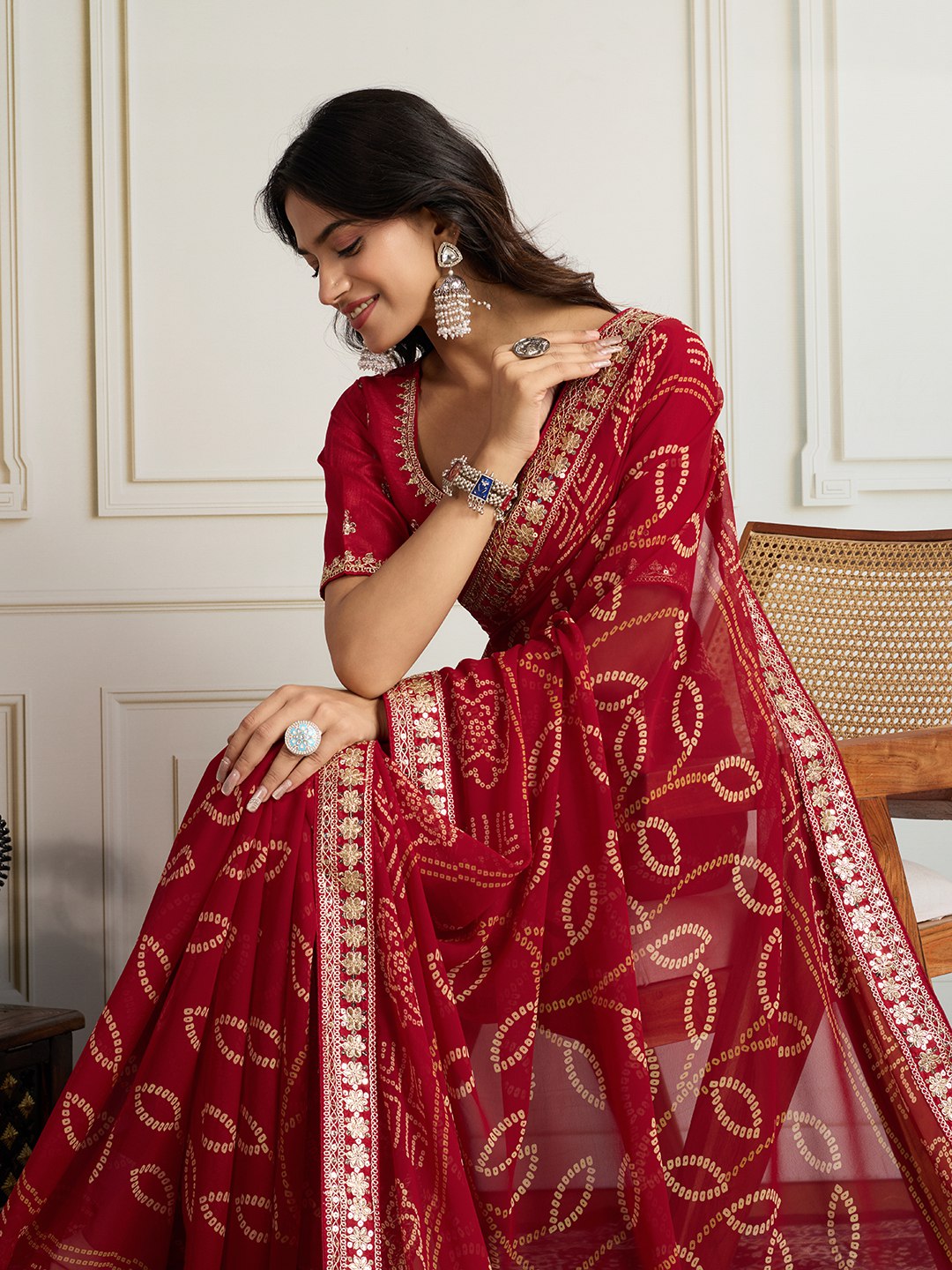 Red Rajwadi Bandhej Printed Georgette Saree