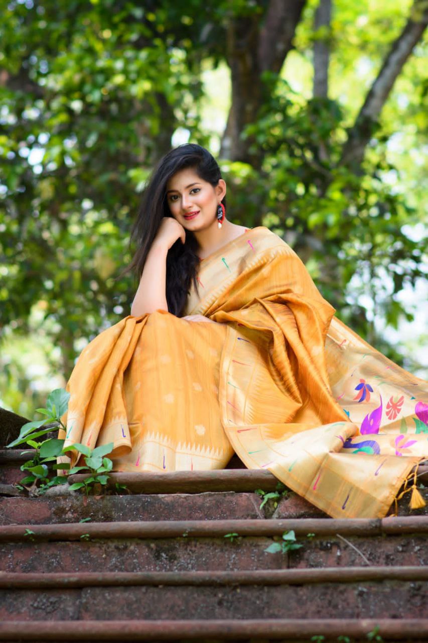 Indian Yellow Banarasi Tussar Silk Paithani Saree