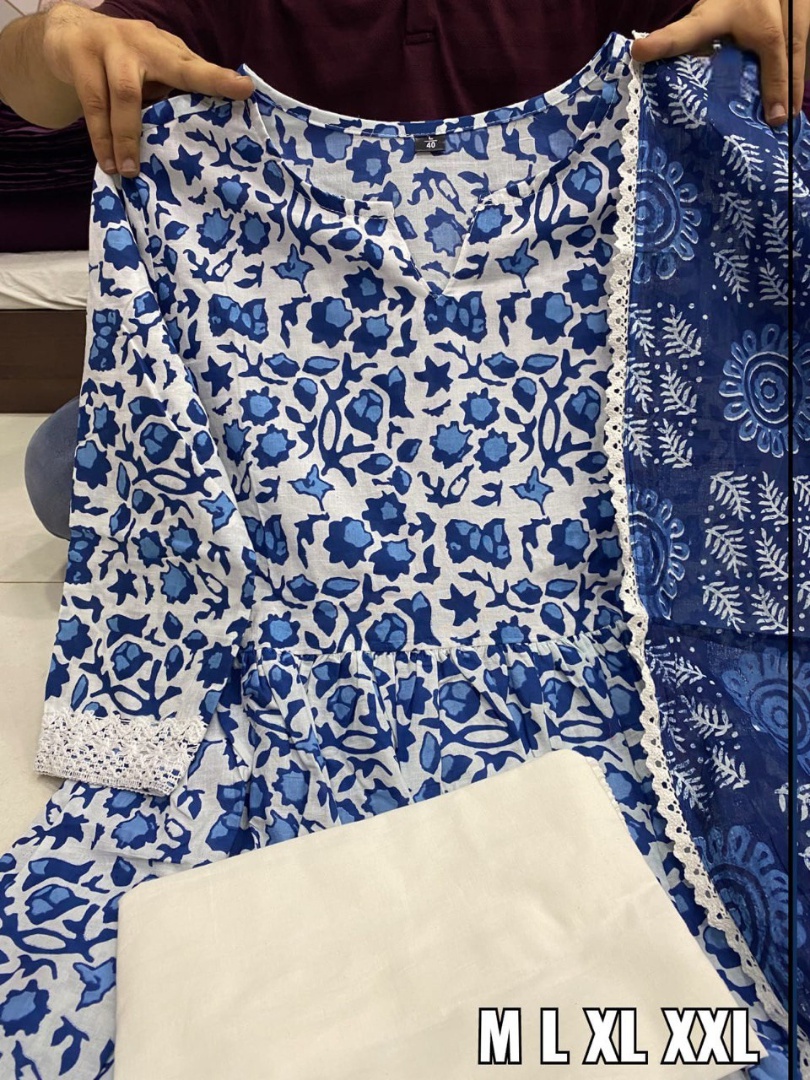 Buy Blue and White Dabu Print Gown Kurta With Dupatta and Cotton Pant,  Ready to Wear Online in India - Etsy