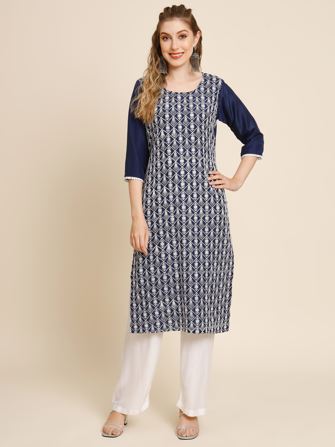 Navy Blue Soft Chinon Kurti With Embroidery Work