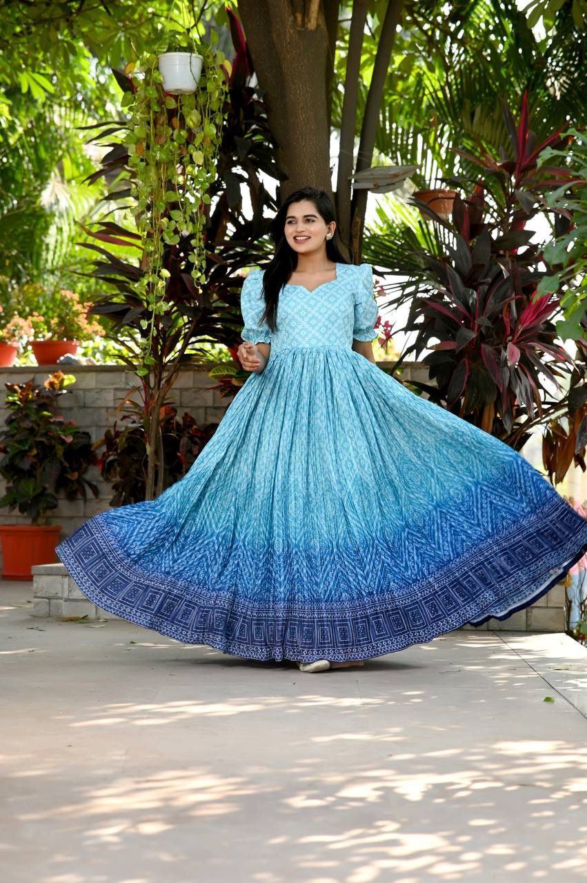 15320 LAYERED FRILL PATTERN COMFY BEAUTIFUL BANDHANI LONG GOWN MAXI  SUPPLIER IN INDIA MALAYSIA - Reewaz International | Wholesaler & Exporter  of indian ethnic wear catalogs.