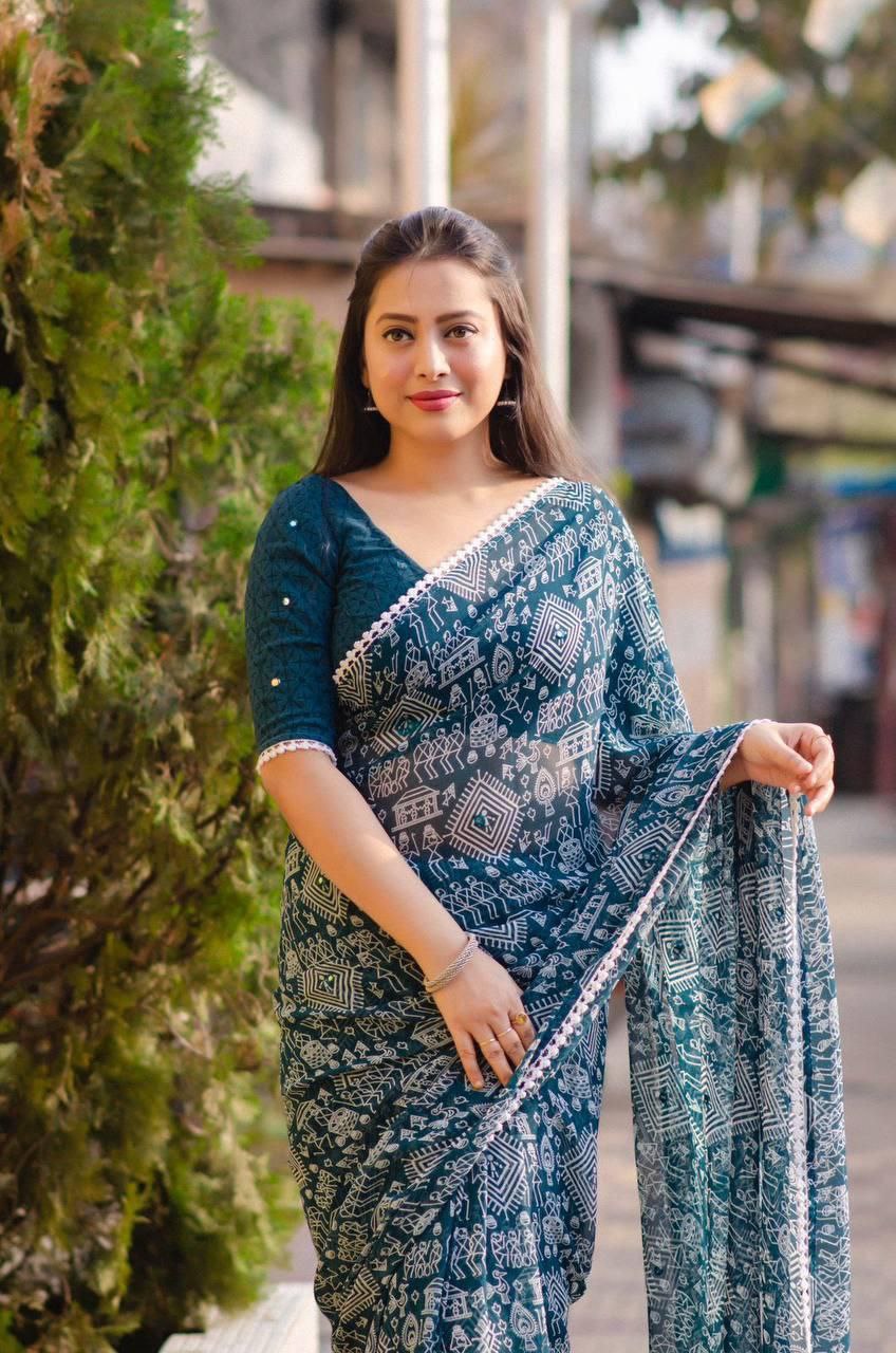 Buy Sky Blue Printed Georgette Designer Saree Online At Zeel Clothing