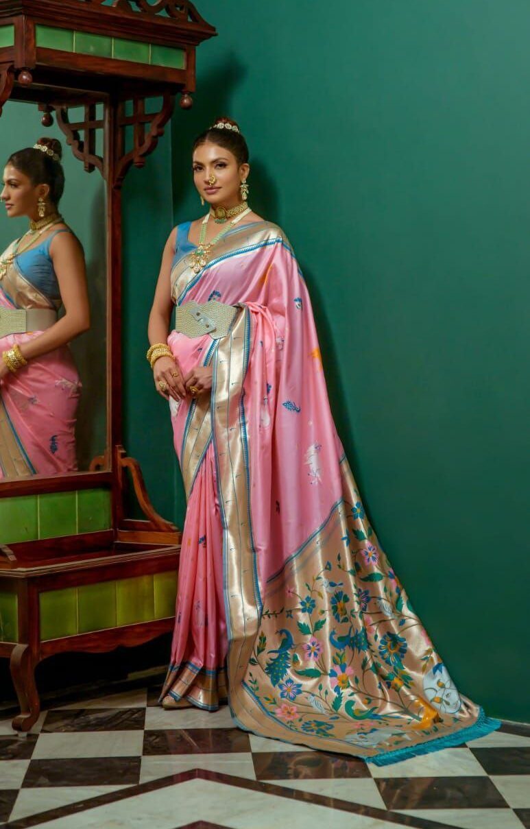Baby Pink Soft Paithani Silk Saree With Blouse