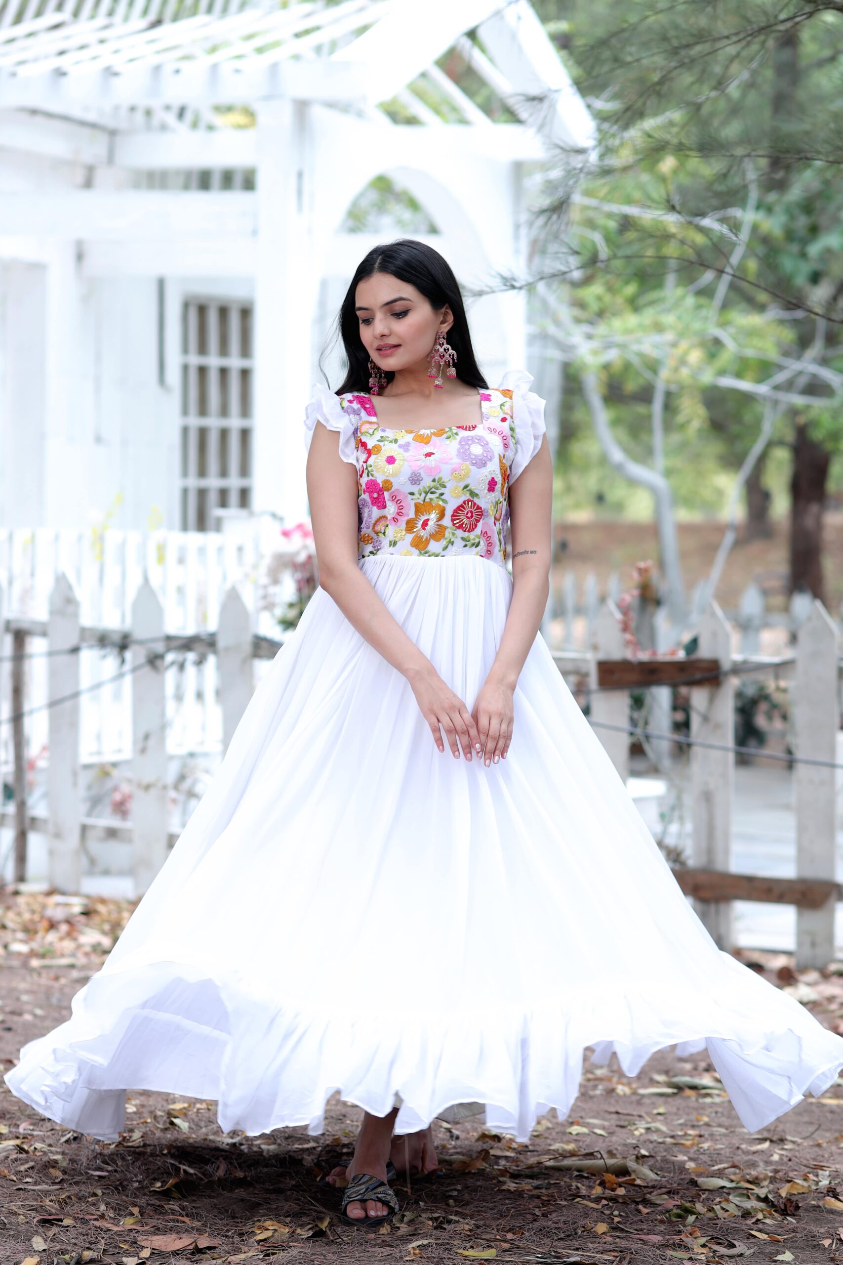 White Designer Embroidery Work Gown