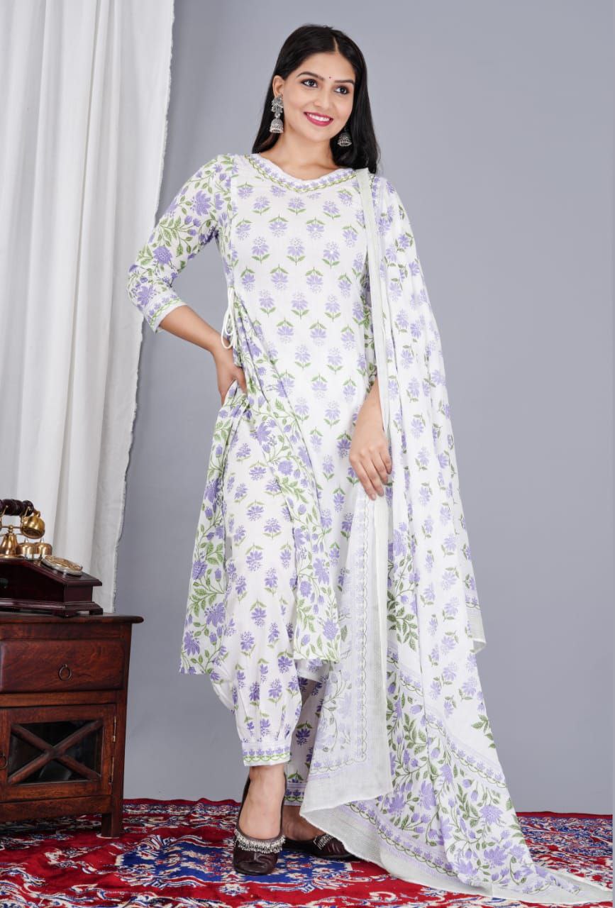 White Lavender Floral Afghani Suit Set