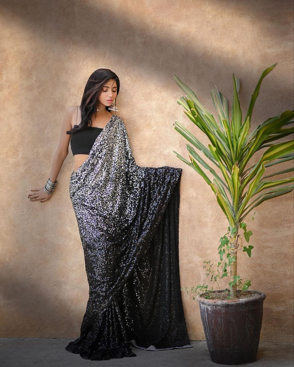 Buy Bollywood Model black sequins party wear saree in UK, USA and Canada