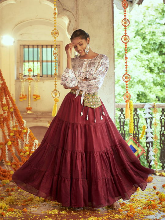New Art Silk Red Designer Navaratri Wear Top & Skirt