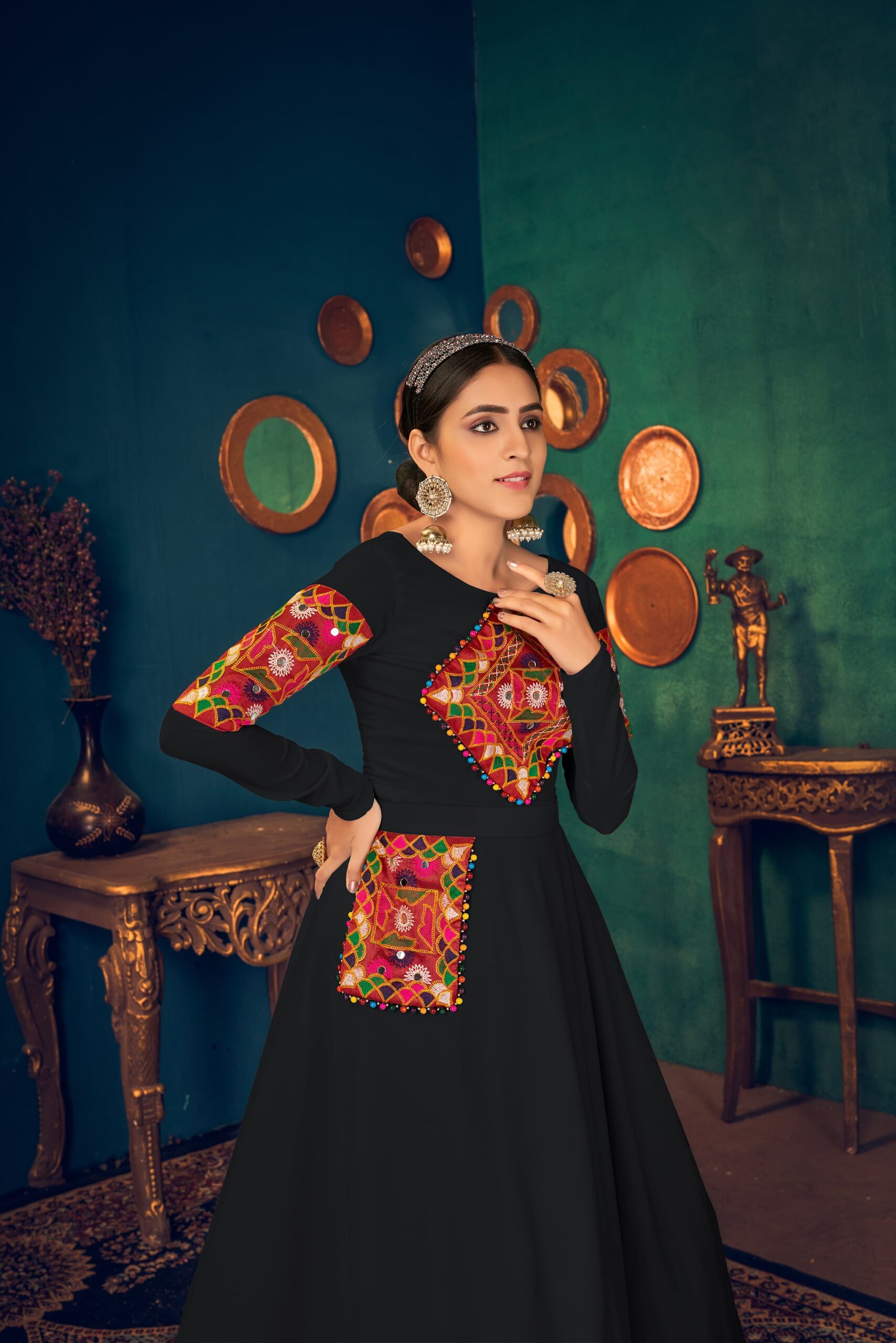 Embroidered Georgette Flared Gown in Black : TGW3874