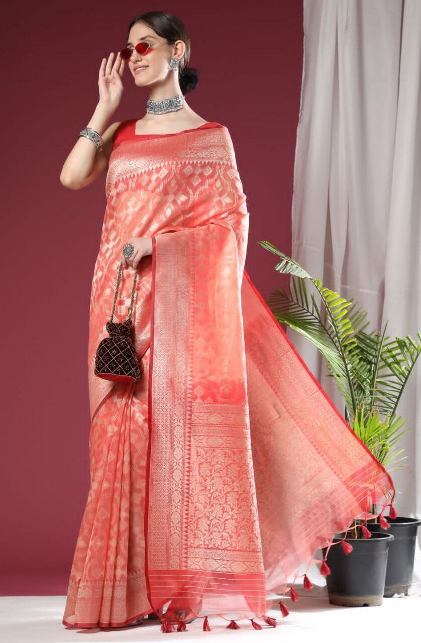 Orange Silk Saree For Wedding & Festival.