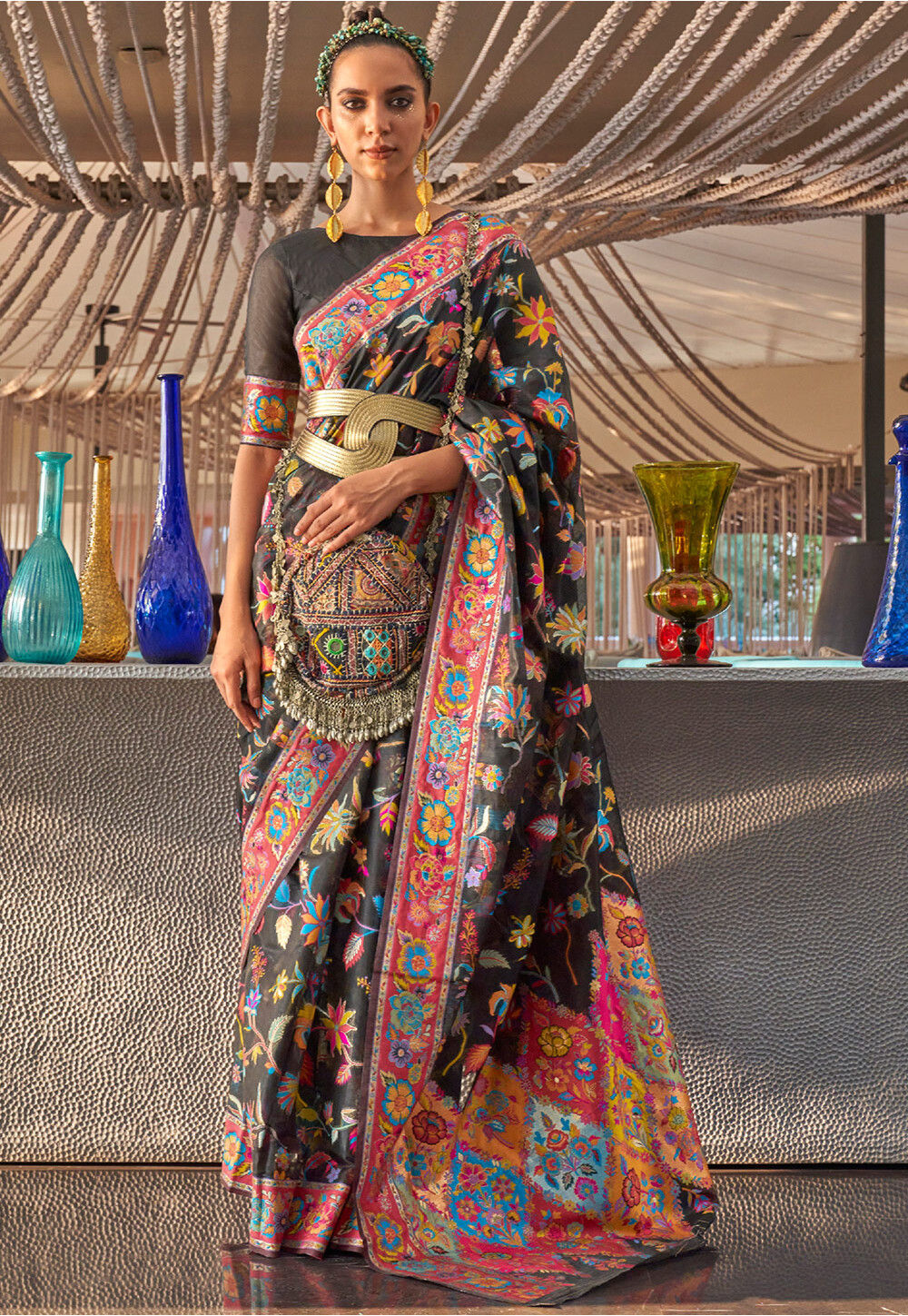 Black Kashmiri Modal Handloom Silk Saree With Blouse