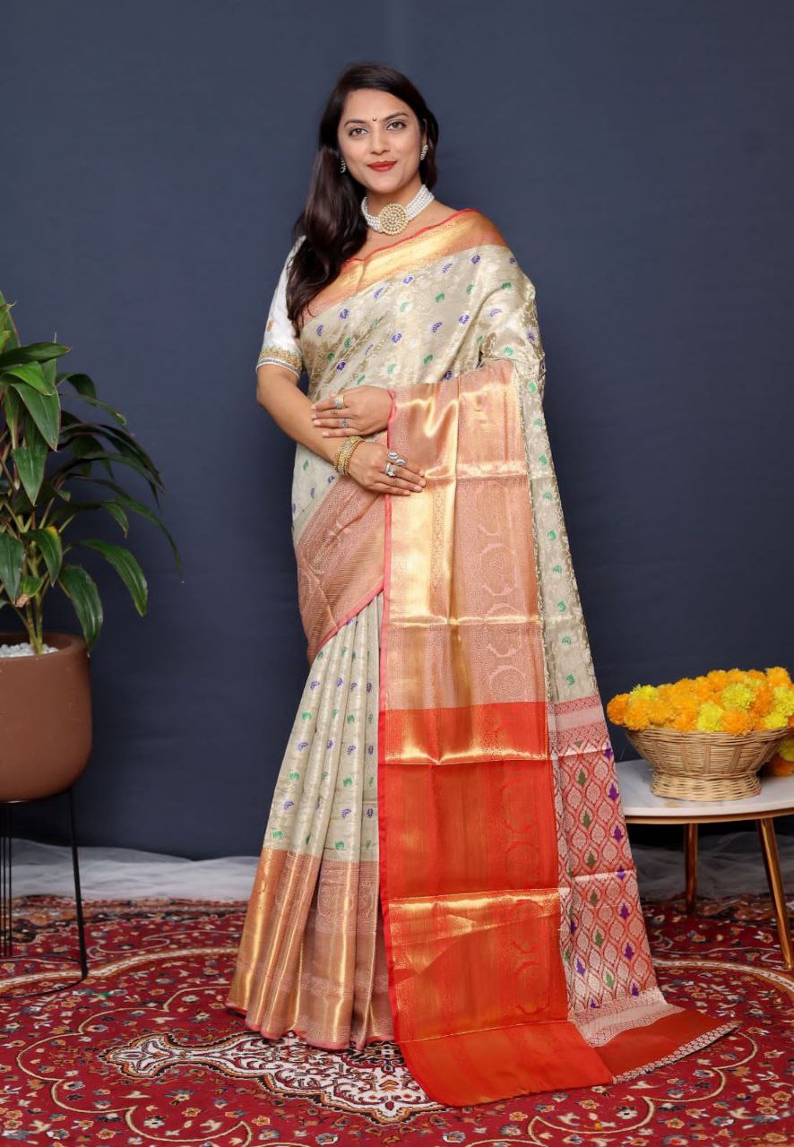 Cream Kanchipuram Handloom Tissue Weaving Silk Saree