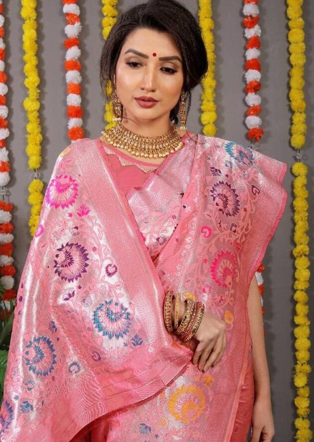 HOUSE OF BEGUM Katan Silk Rani Pink With Silver Zari Work with Blouse –  F2FMART.com