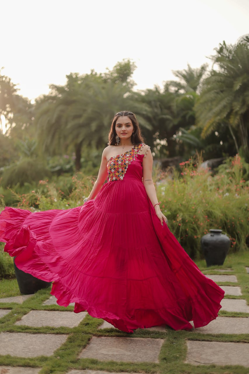 Pink Stylish Navaratri Wear Rayon Gown