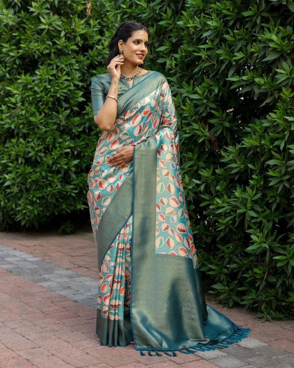 weaverstory.com - Formal yet contemporary, the front pallu draping style is  perhaps the easiest and one of the most comfortable styles! Regarded as a  variation of the Gujarati style, this drape reveals