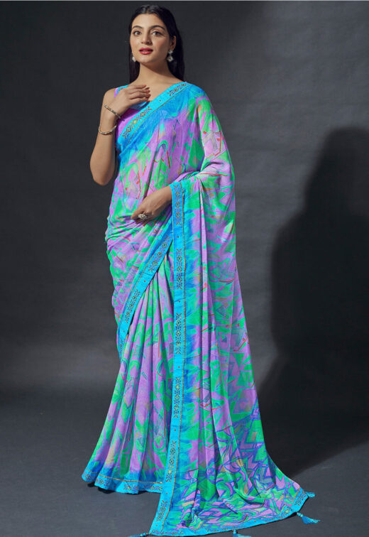 Digital Printed Chiffon Saree In Turquoise