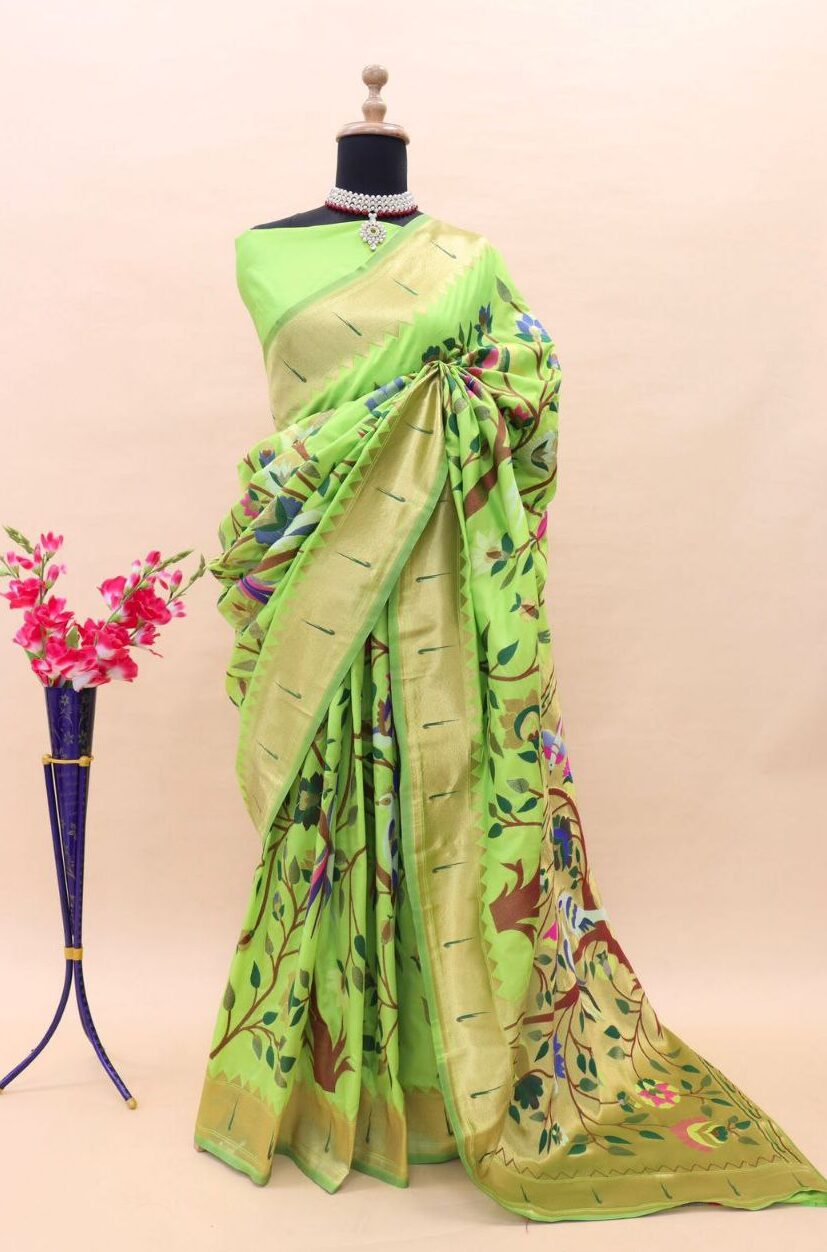 Slime Green Paithani Pure Silk Handloom Saree