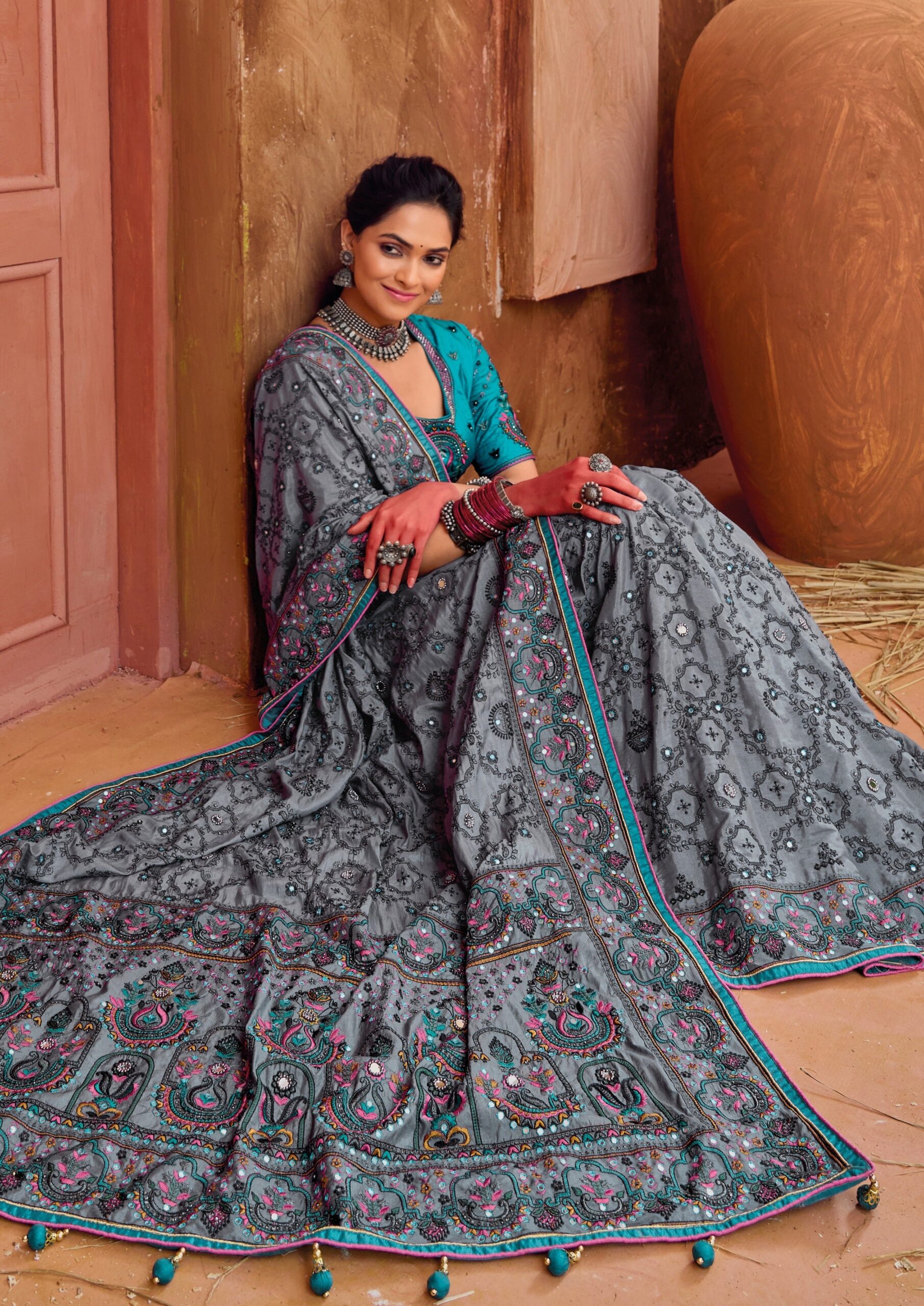 Grey All Over Embroidery and Mirror Work Saree in Silk - SAEI3304...