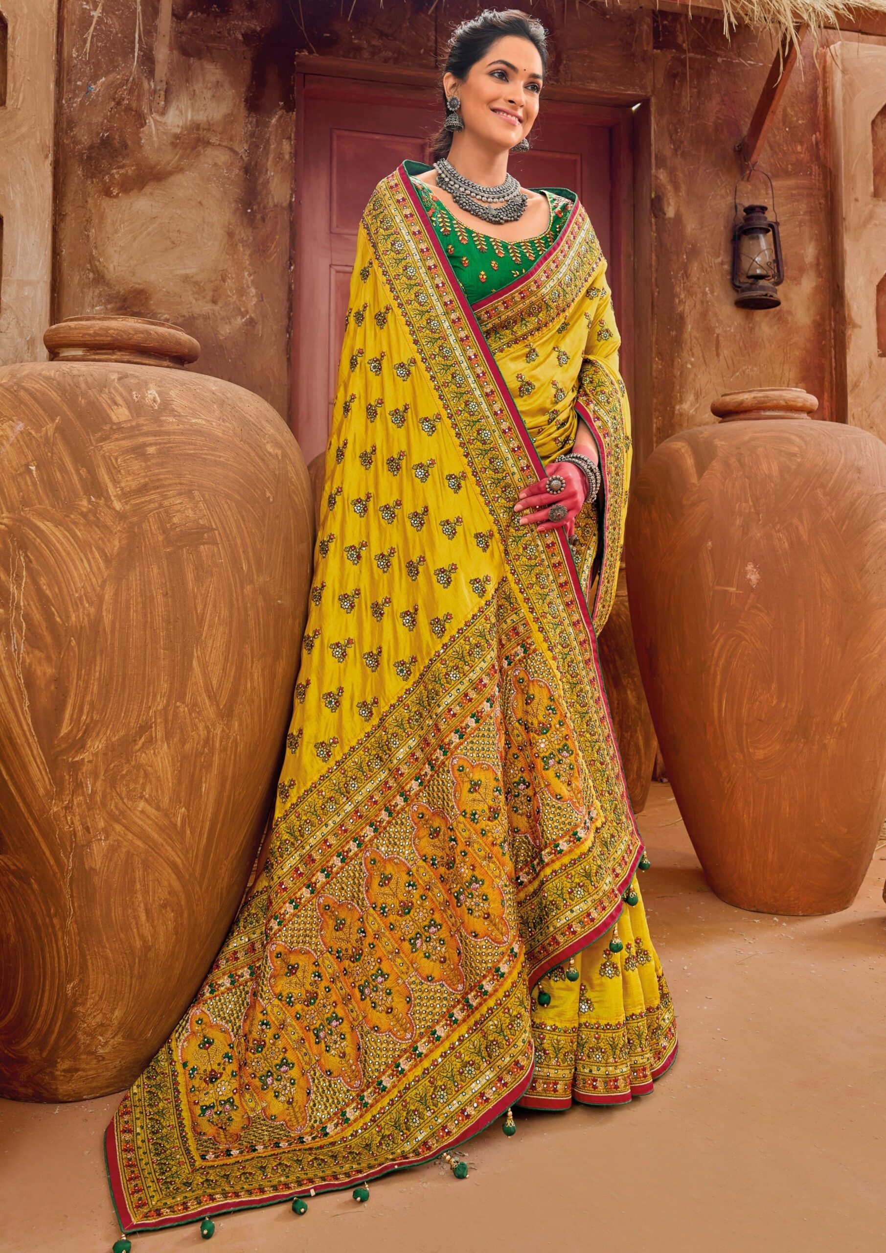 Buy Traditional Banarasi Silk Saree - Rani Hand Work Embroidered