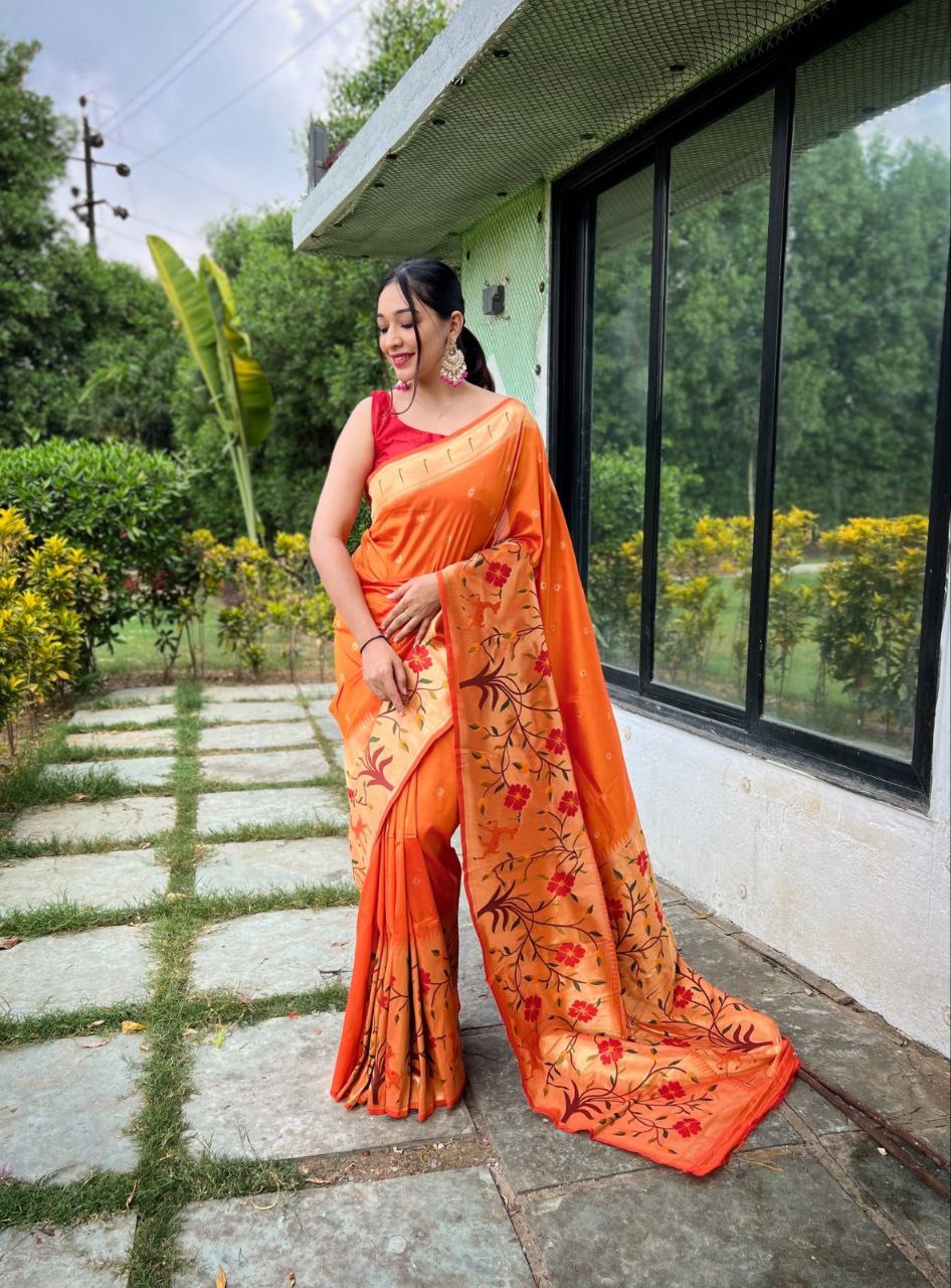 Orange Pure Soft Paithani Silk Saree