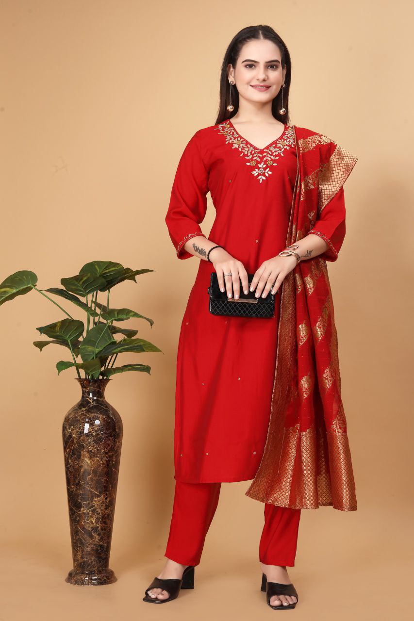 Red silk kurta set for women