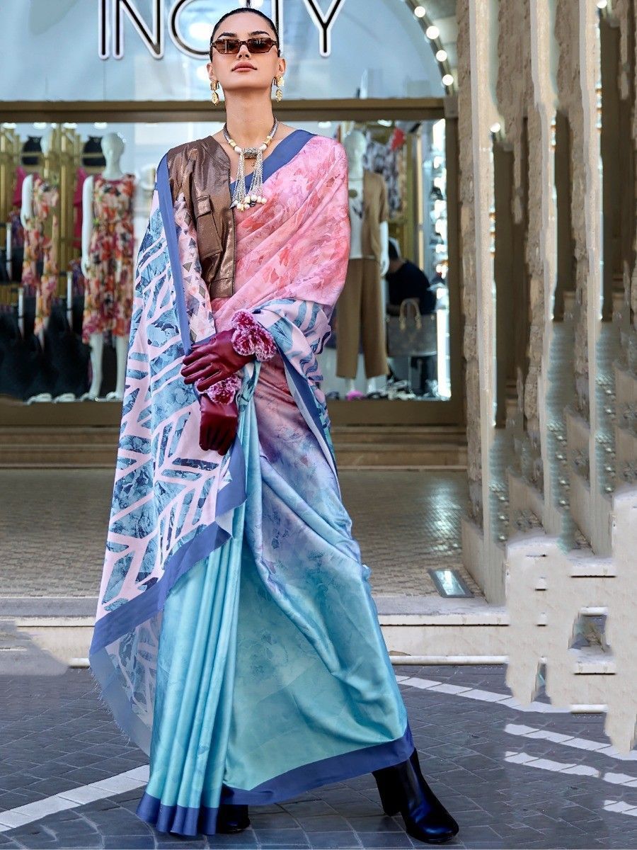 Multi-Color Digital Print Satin Party Wear Saree