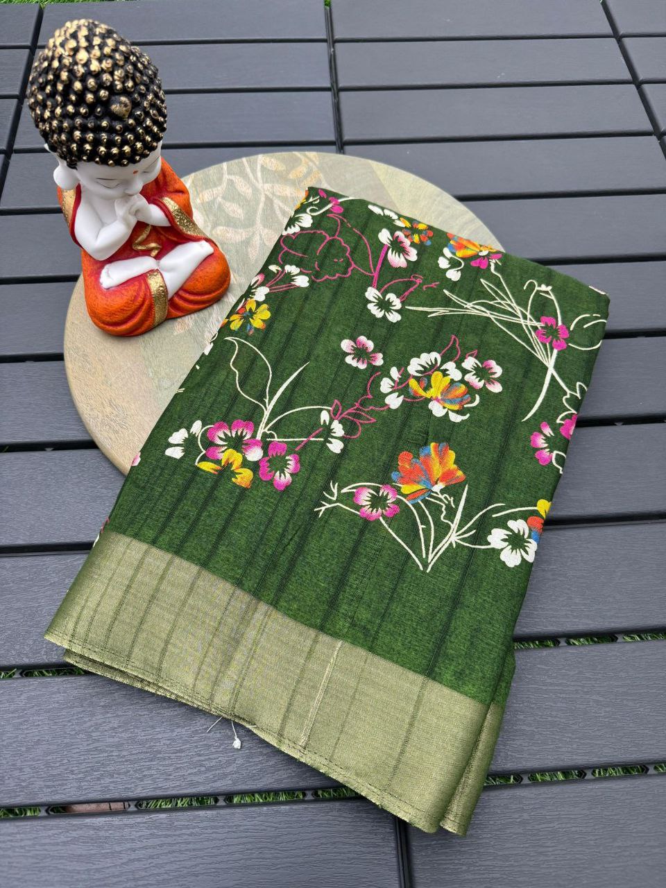 Printed Handloom Silk Saree In Army Green