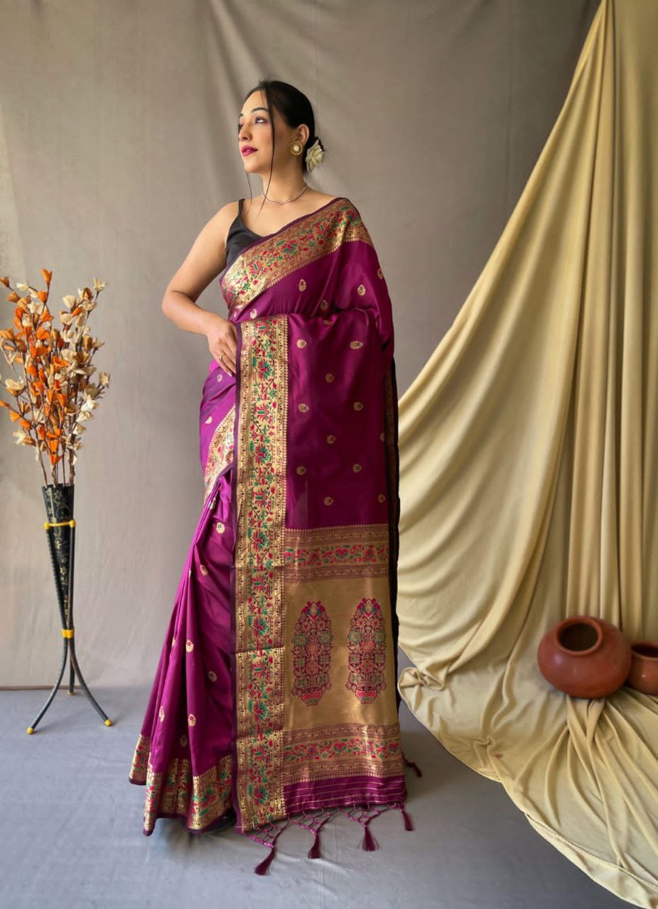 Melrose Purple Pure Silk Handwoven Paithani Saree with Triple Muniya B –  Khinkhwab