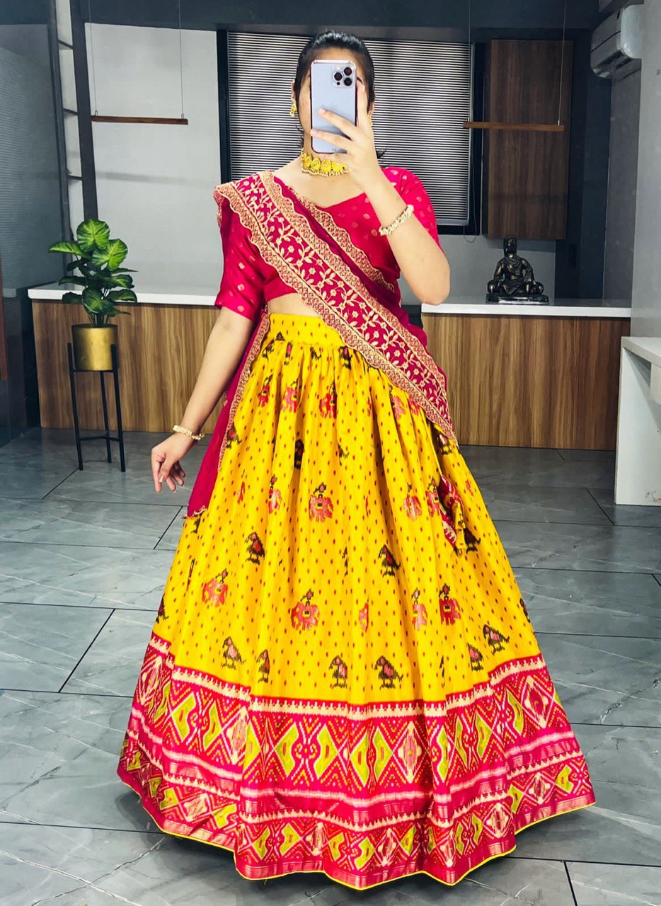 Mustard Yellow Floral Embroidered Net Lehenga – Stylemantra